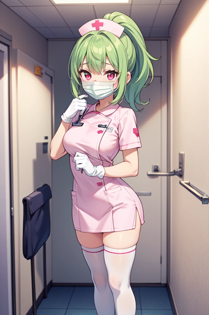 1girl, solo, nurse, nurse cap, white nurse uniform, ((white legwear, zettai ryouiki)), white gloves, ponytail, green hair, pink eyes, ((white surgical mask, covered nose)), standing, ((hospital room)), sharp outline, short sleeves, best quality, masterpiece