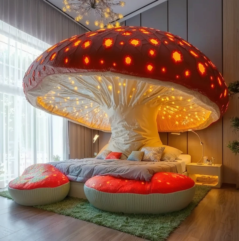 a close up of a bed with a cogumelo shaped bed in a room, cogumelo house, futuristic decoration, forest made out of cogumelo, projeto surreal, magic cogumelo, cogumelo umbrella, giant cogumelo, cogumelos grow from the body, houses in the shape of cogumelos, cogumelo houses, trippy cogumelo, psychedelic cogumelos dream, cogumelo, magic cogumelos, cogumelo forest, made of cogumelos
