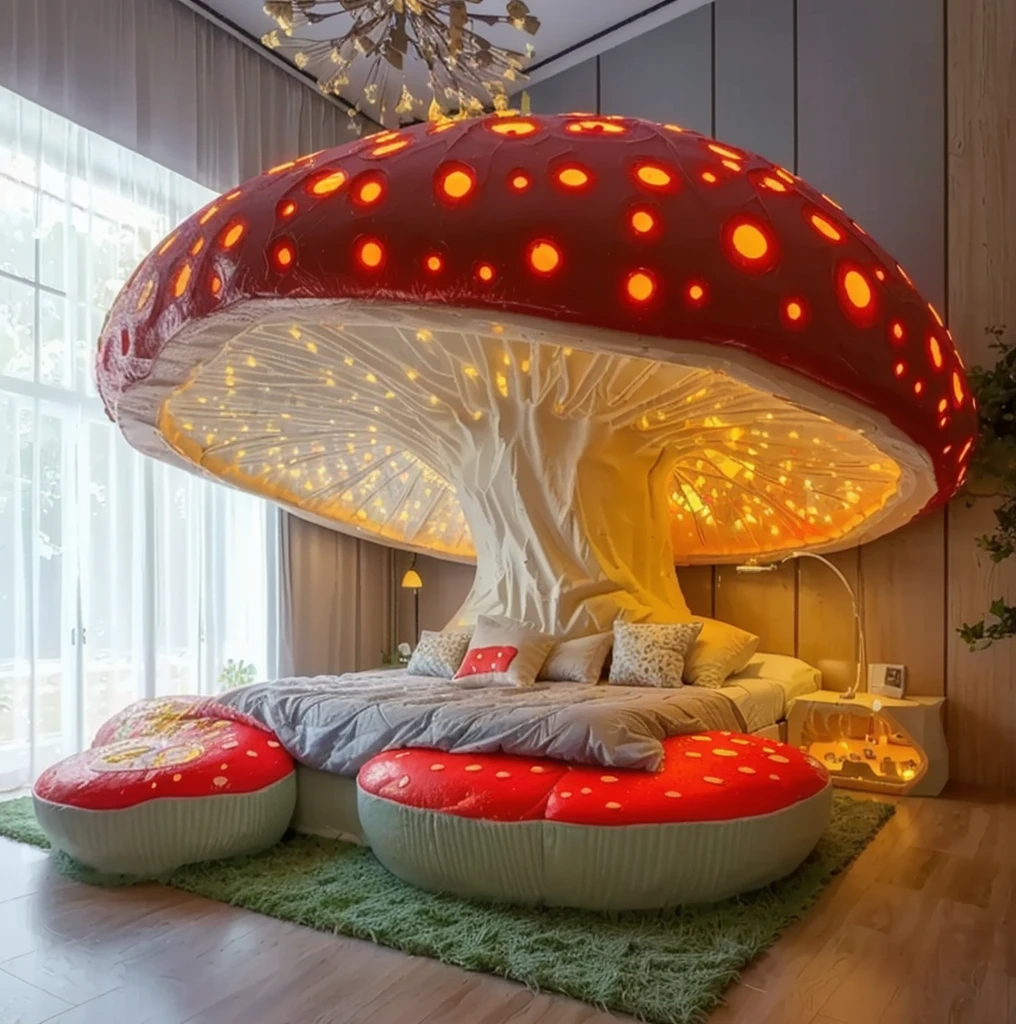 a close up of a bed with a cogumelo shaped bed in a room, cogumelo house, futuristic decoration, forest made out of cogumelo, projeto surreal, magic cogumelo, cogumelo umbrella, giant cogumelo, cogumelos grow from the body, houses in the shape of cogumelos, cogumelo houses, trippy cogumelo, psychedelic cogumelos dream, cogumelo, magic cogumelos, cogumelo forest, made of cogumelos