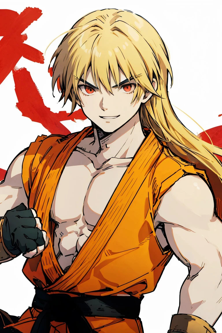 kenalpha, 1boy, male focus, orange hair, long hair, muscular, gloves, fingerless gloves, pectorals, martial arts belt, kimono, red eyes, evil smile, red aura around the body
