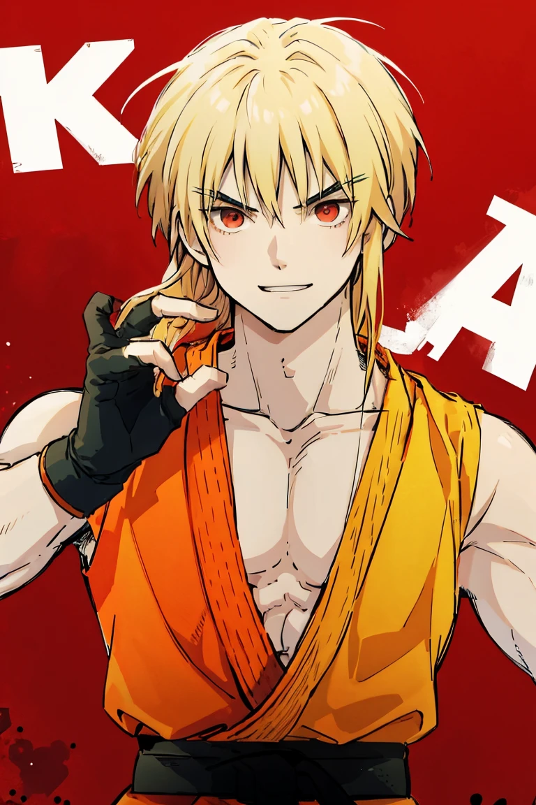 kenalpha, 1boy, male focus, orange hair, long hair, muscular, gloves, fingerless gloves, pectorals, martial arts belt, kimono, red eyes, evil smile, red aura around the body
