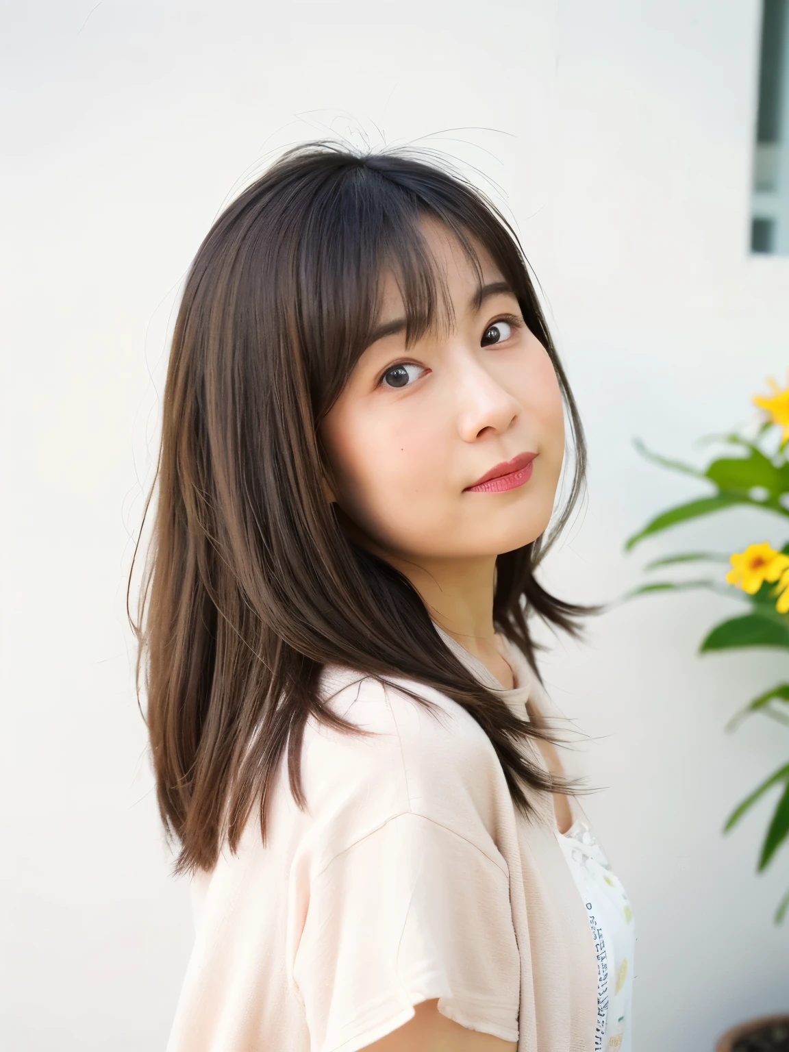 A slightly overweight Japanese woman in her 40s, Good wife, Gray hair blur、Highlight Color、Hair with highlights、Cute face, Detailed face, fine grain, Medium Hair、Shoulder-length hair、Neat, Short sleeve white shirt, early summer, Fine weather, sunny, Photographed in front of a white wall, Portraiture、Photographed in natural light、Tabletop、cardigan、profile、Fluffy hair