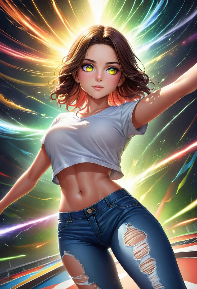 (8K, melhor qualidade, fotorrealista, mesa:1.2), super garota, olhos azuis, cabelo loiro, cabelo longo, , saia, camiseta branca ,ripped jeans, tenis branco (garota loira:1.5),  (realista:1.2), (distant vision: 1.2), (Realismo), (mesa:1.2), (melhor qualidade), (ultra-detalhado), (8K, 4K, Convoluto), (Esbian de corpo inteiro:1.5), (85mm), light particle, lighting, (altamente detalhado:1.2), (rosto detalhado:1.2), (gradientes), sfw, colorida, (olhos detalhados:1.2), (fundo detalhado), (dynamic angle:1.2), (dynamic pose:1.2), (regra do terceiro_composition:1.3), (Line of action:1.2), plano amplo, luz do dia, Sozinho.