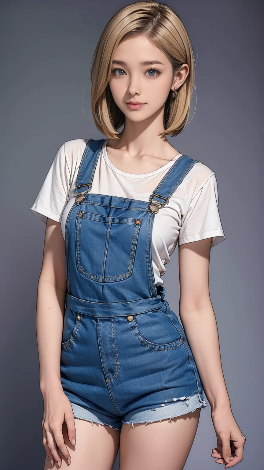((masterpiece)),(((Highest quality))),((Character design sheet)),Thin thighs,Long legs,Android 18, alone, blonde, blue eyes, short hair, Cute Smile，Earrings, jewelry, Medium Milk，Please wash your hands, Wear denim fabric overalls:1.5, No shirt，Photo of slim girl model, Close-up body shot，street, (External thoracic expansion: 1.2)