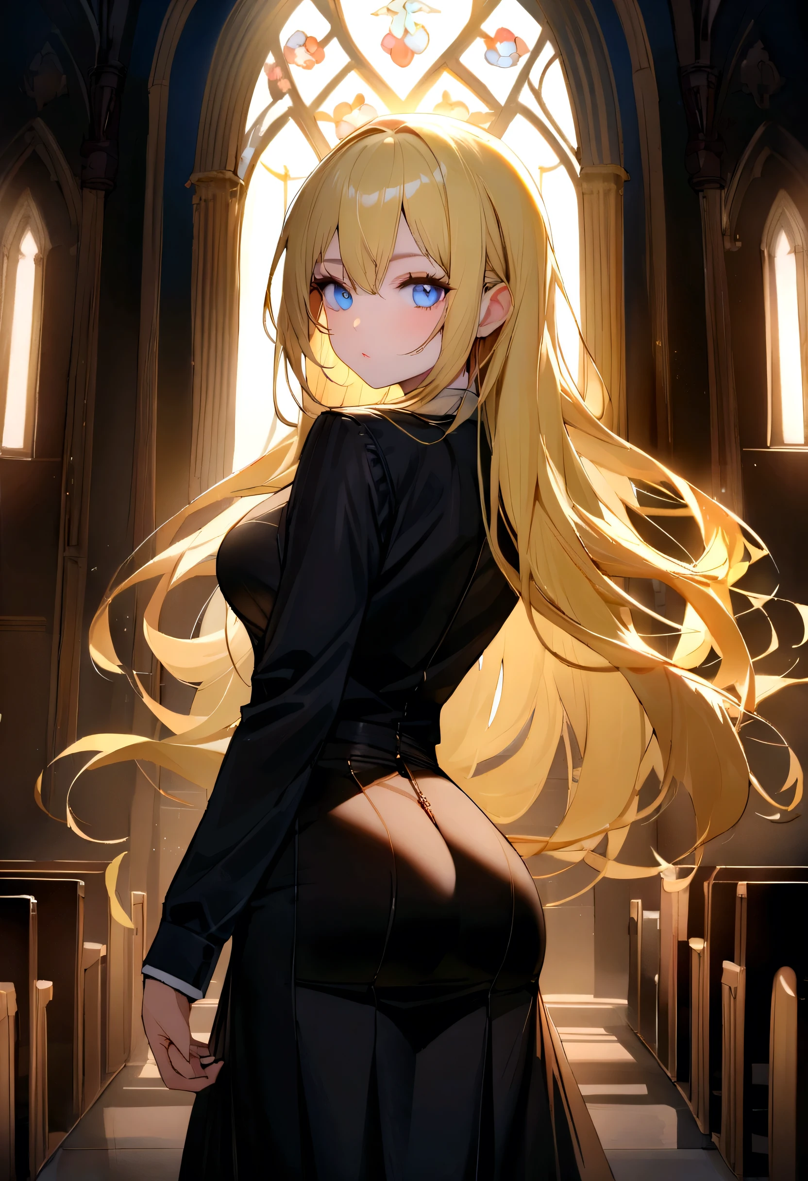 (Highest quality)(1 woman,single,long hair,bright yellow hair,blue eyes,sexy figure ,Black suit shirt,black skirt,Turn to look at the viewer,standing in a church,Beautiful lighting.(a church, see mirror, Detailed background (little light pollution)) look back