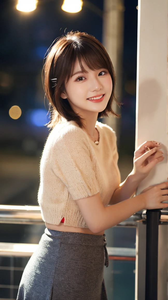 Highest quality、8k wallpaper、Reality:1.4、Photographed by a professional photographer、Cinema Lighting、View your viewers、background:Night City、1 beautiful girl、Japanese Idol、30 years old、Beautifully detailed eyes、Detailed face、Beautiful Skin、Slender、Slim waist、Thin legs、Lip balm、Blonde: 1.8、The light is shining on her hair、Fancy hairstyle:1.8、Asymmetrical bangs、Knitted sweater 、Long skirt、smile:1.8、Seductive pose
