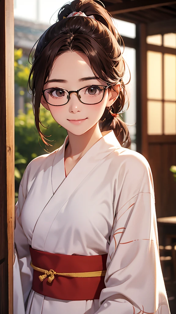 highest quality、Realistic、female、大人のfemale性、zoom、Chestnut Hair、Brown Eyes、ponytail、Glasses、White yukata、From below、smile、Looking down、、Small breasts、Bust Shot、