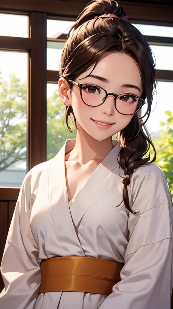 highest quality、Realistic、female、大人のfemale性、zoom、Chestnut Hair、Brown Eyes、ponytail、Glasses、White yukata、From below、smile、Looking down、、Small breasts、Bust Shot、