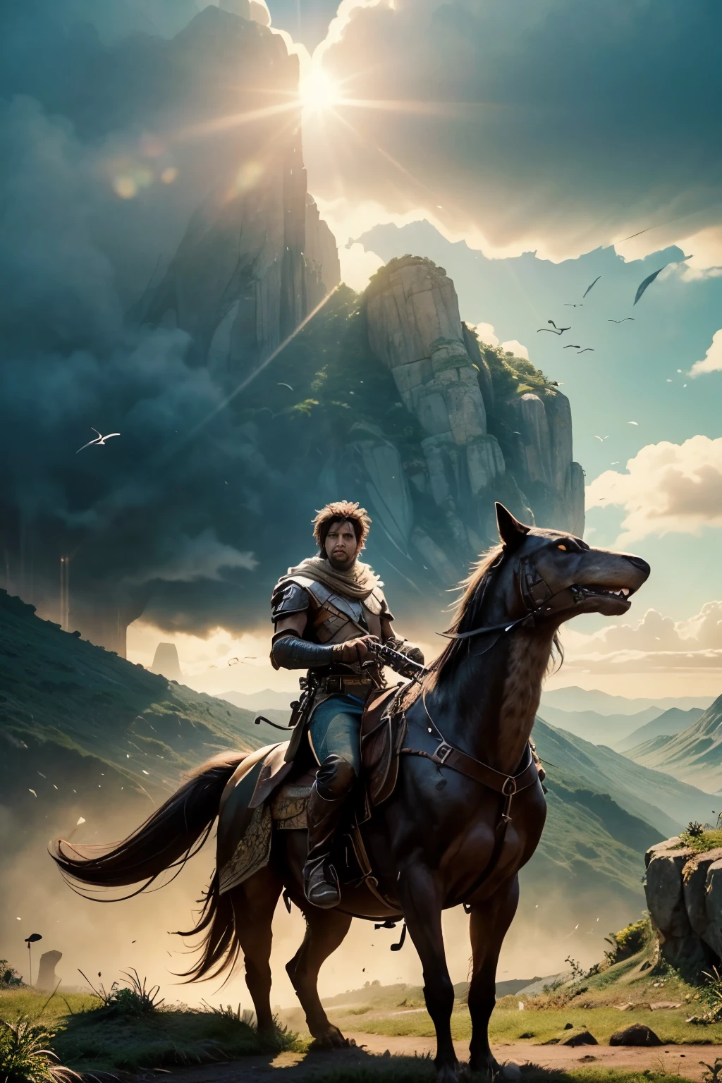 a warrior traveler riding his raptor looking at the horizon, highly detailed, fantasy, digital art, vibrant colors, dramatic lighting, cinematic, epic, intricate details, beautiful fantasy landscape, lush vegetation, dramatic clouds, sun rays, dramatic atmosphere, photorealistic, (best quality,4k,8k,highres,masterpiece:1.2),ultra-detailed,(realistic,photorealistic,photo-realistic:1.37)
