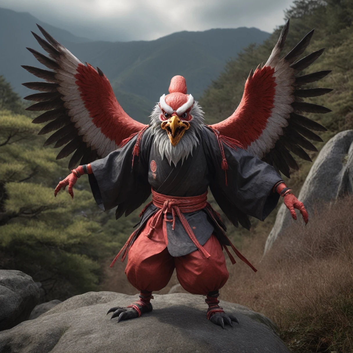 hdr, Capture a photorealistic image of a 3d tengu which is japanese traditional monster, cinematix, in a mountain