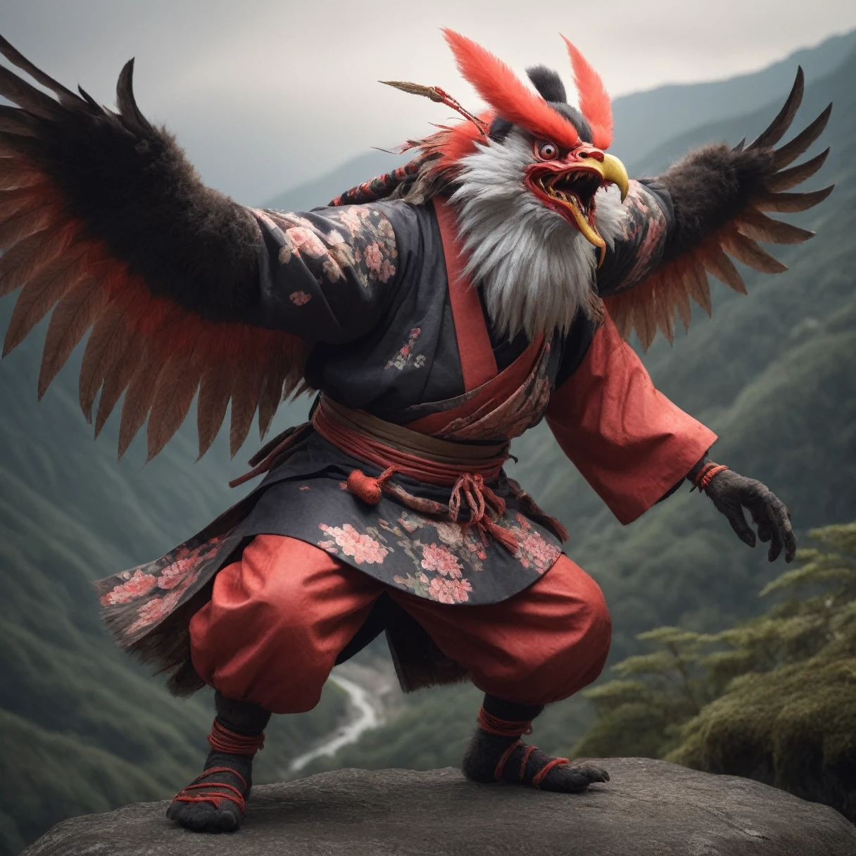 hdr, Capture a photorealistic image of a 3d tengu which is japanese traditional monster, cinematix, in a mountain