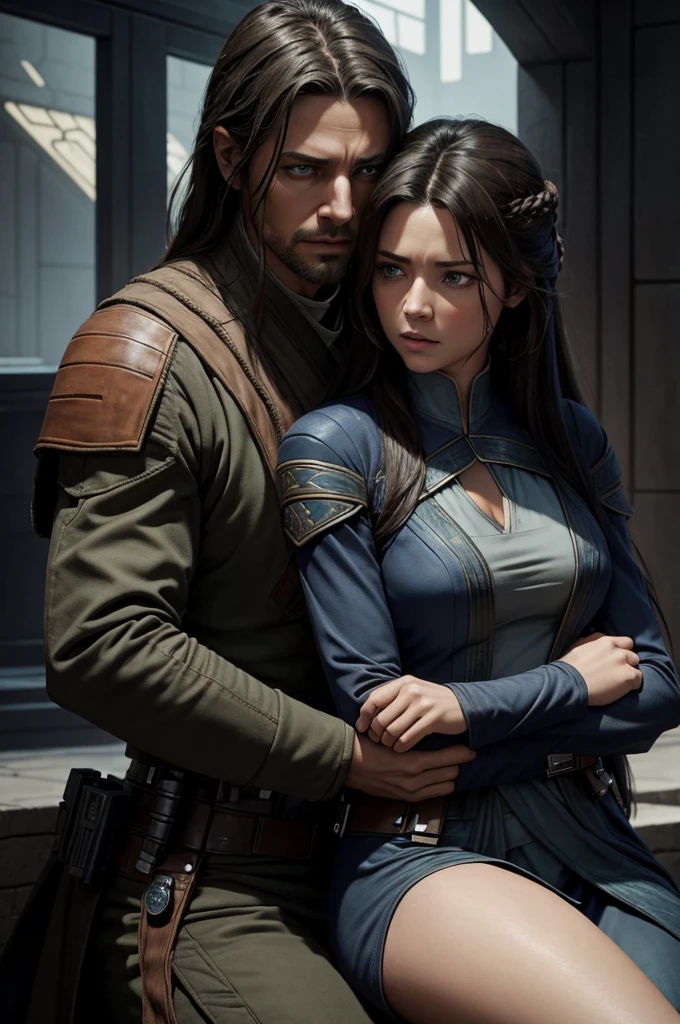 I Beautiful Jedi. Eligent. Jedi bastila shan. Beautiful eyes and hair. Most beautiful Jedi ever. Big breas. She is protecting a child. The is hugging her legs. The is scared