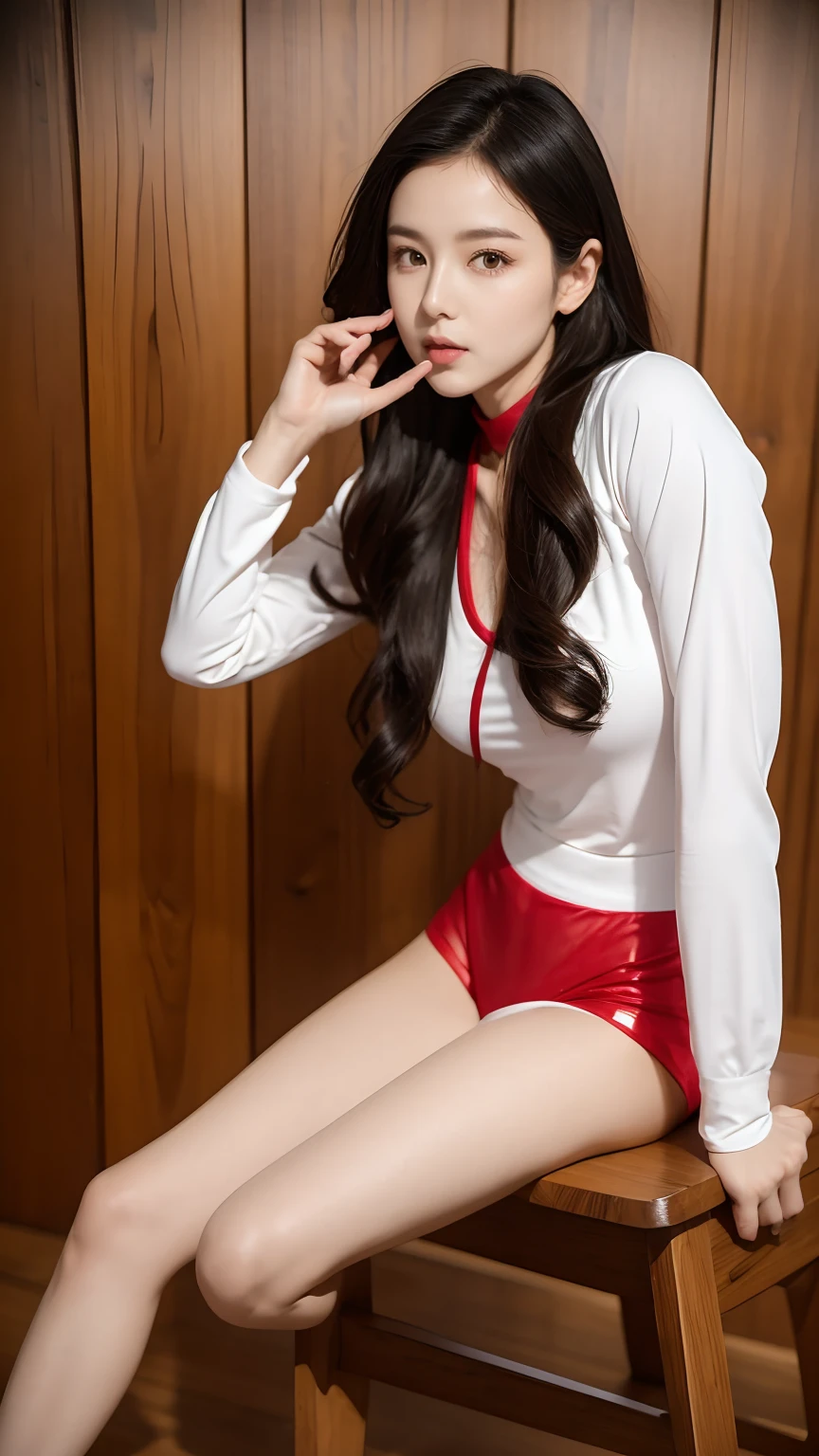 Best quality，masterpiece，16k，A girl，Wear tight gel clothing，Sitting on a wooden chair，Place one hand in front of your mouth，Place the other hand on your chest，Dynamic poses，