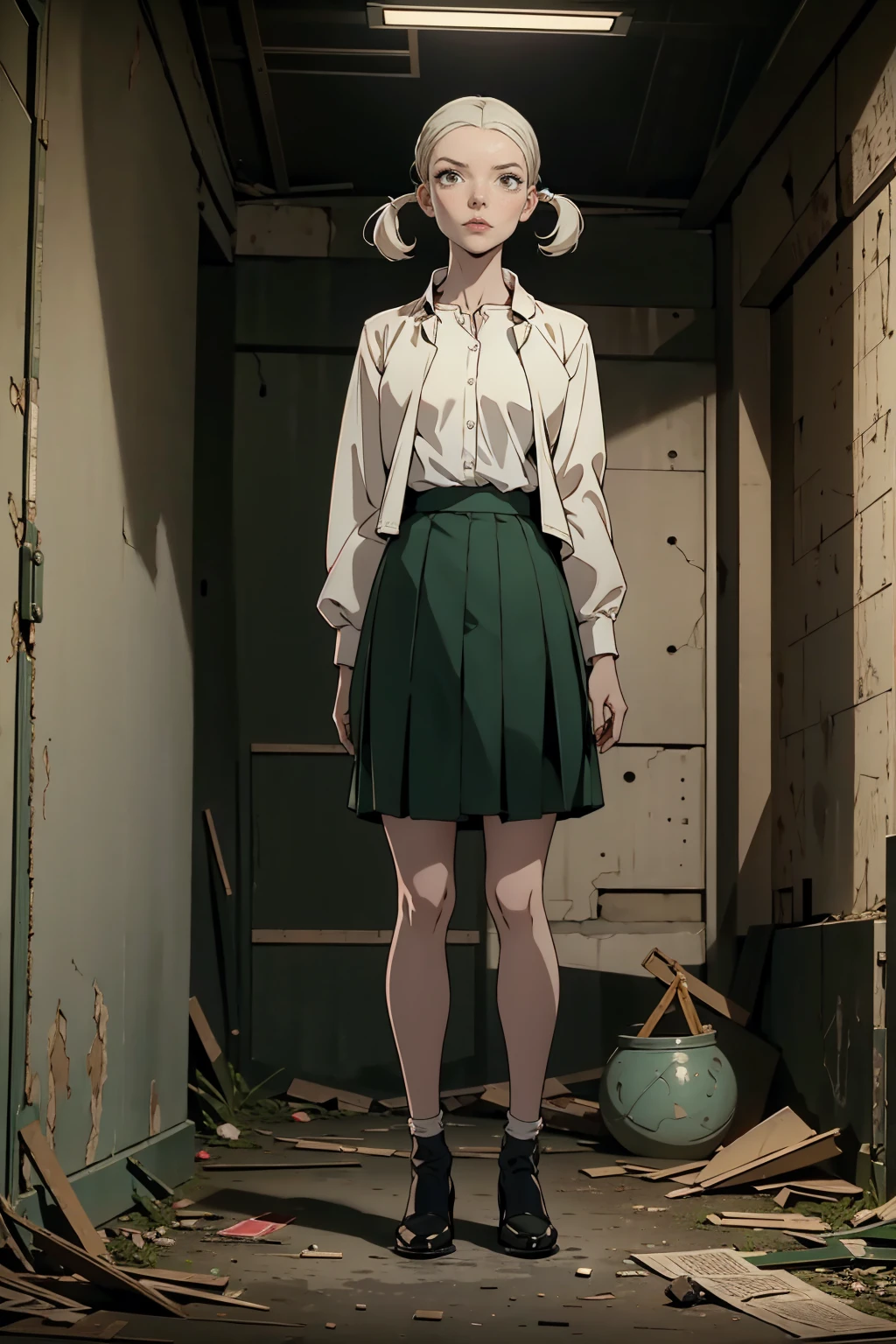 1 garota, ruivo, rosto sardento, sardas no rosto, rosado, 1 garota, Sozinho, full body view, pigtails corte de cabelo,pale skin,grande busto,lindo, camisa, jaqueta, saia apertada, Meias pretas, sapatos pretos de salto alto, ((in an old abandoned basement))