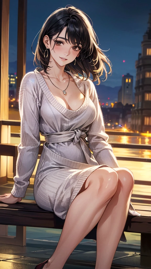 (masterpiece:1.3, Highest quality, Ultra-high resolution, Super detailed), (Realistic, photoRealistic:1.4), Beautiful illustrations, Perfect lighting, colorful, Depth of written boundary, 
Beautiful detailed hair, Beautifully detailed face, Beautiful fine details, Droopy eyes、Beautiful clavicle, Beautiful body, 美しいLarge Breasts, Beautiful thighs, Beautiful feet, Beautiful fingers, 
View Viewer、Front view:0.6, Beauty1人, Japanese, Beauty、30 years old, Perfect Face, (Perfect Anatomy, Anatomically correct), Cute and symmetrical face, Baby Face, , Shiny skin, 
(Bordeaux color:1.3, Long sleeve knit dress:1.4)
(Black Hair, Medium straight:1.4),  Dark brown eyes, Large Breasts, Slim body, 
necklace, Small earrings:1.1, 
(Beautiful views), (night), (city, cityscape in the distance), Sitting on a bench, A soft smile、(Smile, Lips parted), 