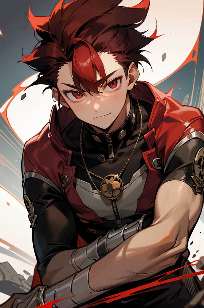 (high-quality, breathtaking),(expressive eyes, perfect face) 1boy, male, solo, young adult, black hair, red streaks in hair, red highlights, fire red eyes, soft wavy hair, short hair length, soft smile, spiky hair, fluffy hair, spiked up hair, black and red punk jacket, red shirt, confident smile, age 17, circle locket pendant necklace, battle scars on cheek, battle scars on neck, battle scars on torso