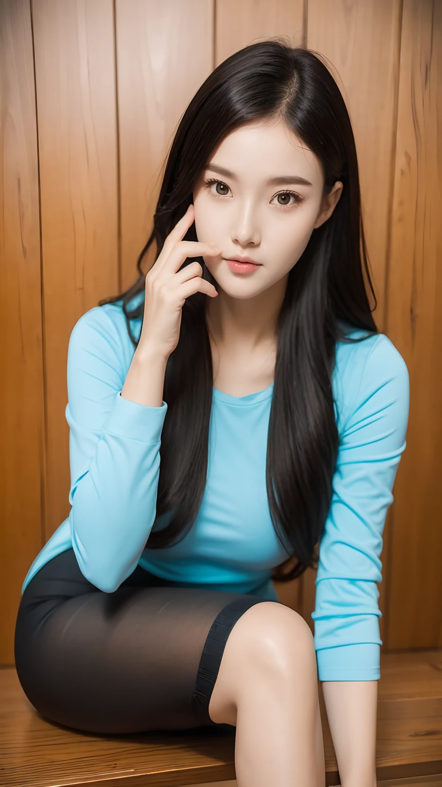 Best quality,masterpiece,16k,A girl,Wear tight gel clothing,Sitting on a wooden chair,Place one hand in front of your mouth,Place the other hand on your chest,Dynamic poses,