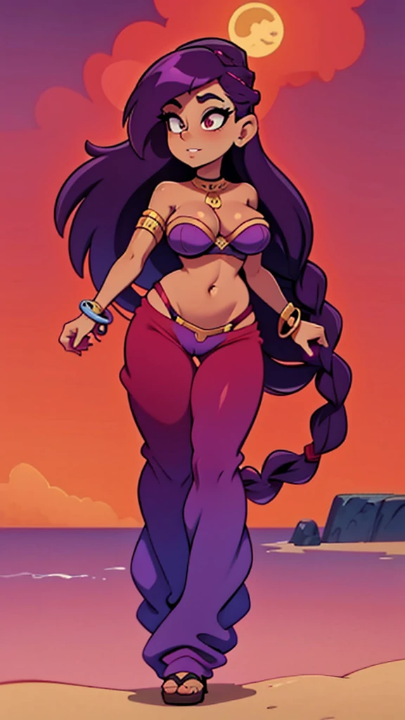 [Shantae], ((High definition)), ((detailed shading)), ((beautiful solo portrait)), ((1girl)), ((full body)), ((anime girl)), {attractive; (brown skin, (purple hair; long ponytail), (beautiful blue eyes), (excited expression; white teeth), (red pants), (red shoes), (bracers, tiara, hoop earrings, choker), curvaceous hips, beautiful lips}, (standing on sand; looking ahead, dynamic pose), [background; each, sunny, sun rays]