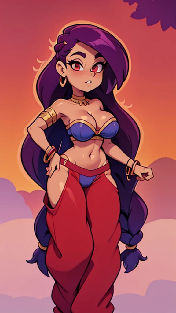 master piece, better quality, Shantae, tiara de joias, Gargantilha, brincos de argola, Anel O-Bandeau, Vambraces, Red pants, deserto, sky, sol, Olhando para o Viewer, arms behind her head (rechonchudo:1.4), Curvy, muito gordo, (quadris largos:1.3), coxas enormes, grossas e macias, SSBBW, muito gordo flabby arms, realistic lighting, High detail, Qualidade HD, Rosto detalhado, sombreamento realista, rolos de gordura, massive size, gigantescos enormes seios transbordando de gordura, massive cleavage, Peso pesado, plussize, everything is fat, textura macia, olhos grandes bonitos, semi-realista, Dynamic angle, pattern clothes