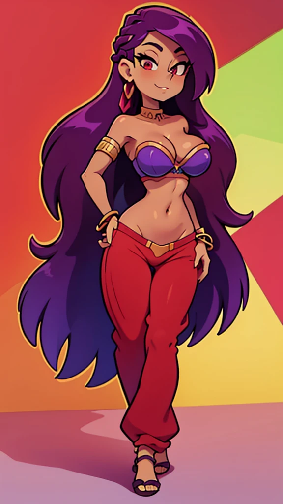 solo, older female, indian, small waist, toned, belly dancer, wide hips, long light purple hair, thick thighs, dark green eyes, ifbb, thick lips, colored eyelashes, thin waist, ab etching, dark skin, tan, tanline, golden lipstick, translucent iridescent harem pants, sheer metallic red sari top, white lace bridal gauntlets, wielding katana