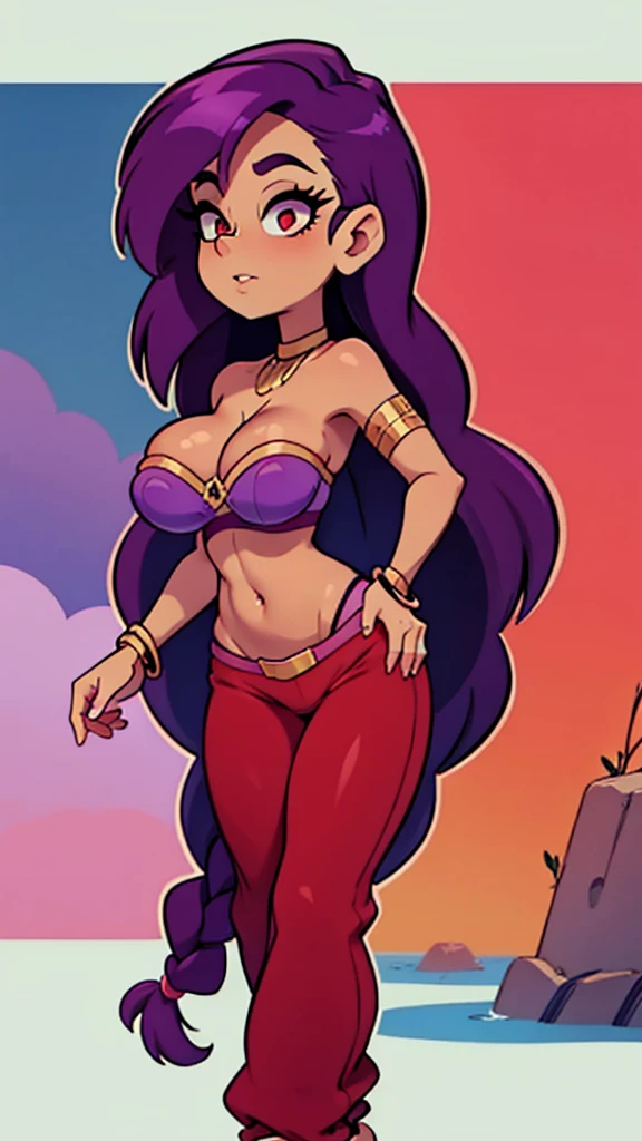 A tall woman beautiful beautiful big breast short purple hair disheveled her purple eye red lip wears red top shows navel and a blue thong huge thigh sensual golden heel 