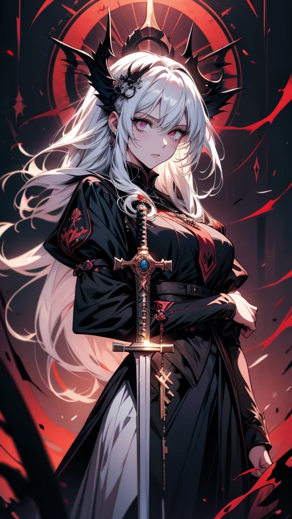 A painting of a woman with long hair and a sword in her hand, Gapmoe Yandere Grimdark, Key Anime Art, White-haired God, detailed Key Anime Art, Vampré the Masquerade, Gothic Maiden Anime Girl, Main visuals of the anime, From Arknights, Nightcore, Best Anime 4K Konachan Wallpaper, everyone, anime key visual of elegant