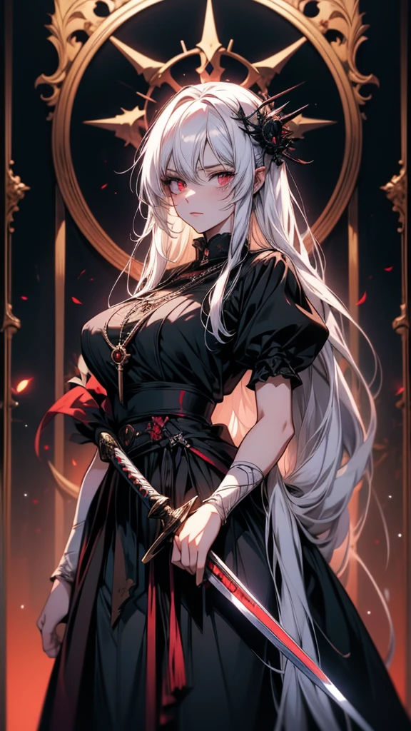 ((masterpiece)), (Highest quality), (Simple style), White hair, braided, long hair, red eyes, indoors, standing, assassin
