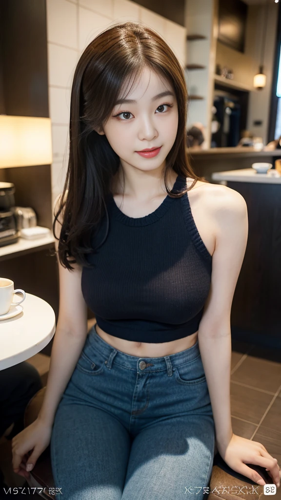 18 years old girls,Perfect face and,cute clothing,slim and slender physique。The skin has detailed and highly detailed eyes(1.1 emphasis),Very detailed skin texture(1.1 emphasiodel photo style,realisticlying,skin texture is real human skin texture,Detailed Skin Pore,Complicated details,The eyes are very detailed,kneesup,Attractive and sexy chibi,smile,,Eat parfait at a café,sitted,Dark blue knit sweater,black long pants,coffeehouse,tit,areola of breast,full bodyesbian,Full-body photography,Full body photography,Full body like,Slim waistline, Tempting, slutty, ((Topless)), (Realistic, photograph realistic:1.37), Cinematic light