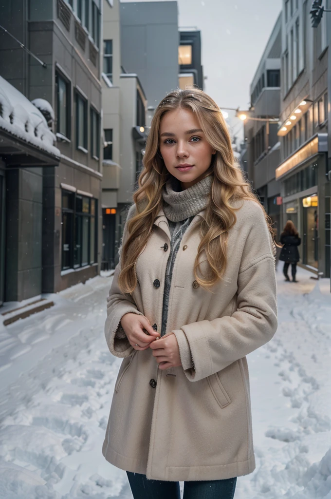 professional portrait photograph of a gorgeous Norwegian girl in winter clothing with long wavy blonde hair, sultry flirty look, gorgeous symmetrical face, cute natural makeup, wearing elegant warm winter fashion clothing, ((standing outside in snowy city street)), stunning modern urban environment, ultra realistic, concept art, elegant, highly detailed, intricate, sharp focus, depth of field, f/1. 8, 85mm, medium shot, mid shot, (((professionally color graded))), bright soft diffused light, (volumetric fog), trending on instagram, hdr 4k, 8k