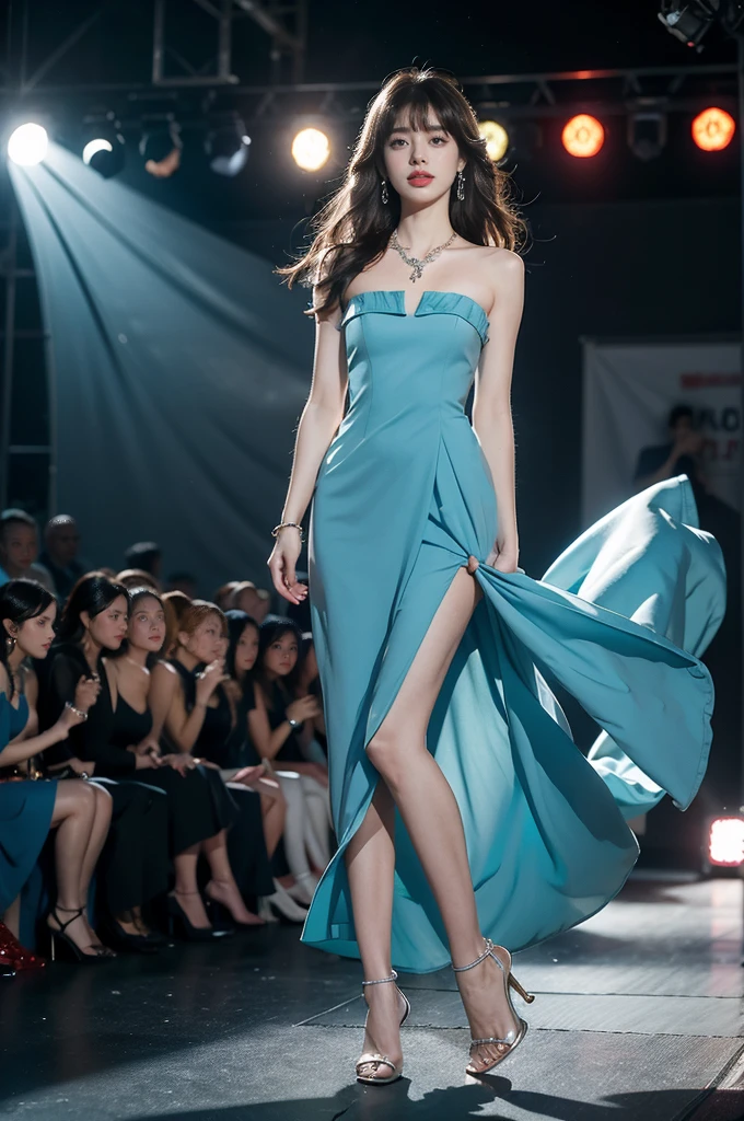 1girl,bangs,bare shoulders,necklace,strapless blue Evening Dress,detailed background,detailed eyes,brown hair,earrings,full body,jewelry,slim,flat chest,messy hair,looking at viewer,makeup,night scene,red lips,signature,laughing,solo,standing,slender legs,high heels,On the T-stage,catwalk,fashion show,Surrounded by crowded crowds on both sides of the stage,neon lights