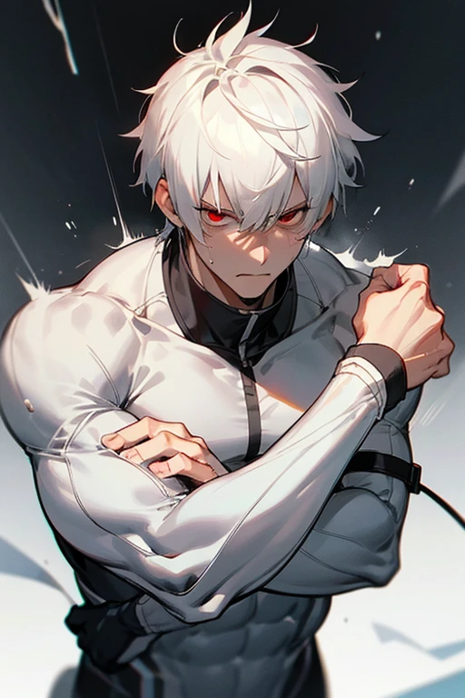 male、Gray Hair、White Hair、Short Hair、Red Eye、Cold-blooded man、Handsome、Well-built、Cold Face、Well-formed face、Increased body temperature、Sweat runs down my skin、after exercise、A serious face、Fatigue、hot、