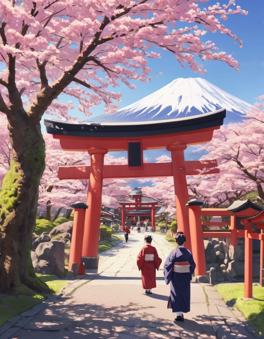 Traditional Japanese shrine entrance, (Sakura trees in full bloom:1.3), Mt. Fuji in the background, Three people in national costumes, (Scattering cherry blossoms:1.2), Stone lantern, Bright red torii gate, (Serene atmosphere:1.1), Soft Shadows, Calm skies, Detailed architecture, Gentle spring scenery, Lush greenery, Cultural Landscape.