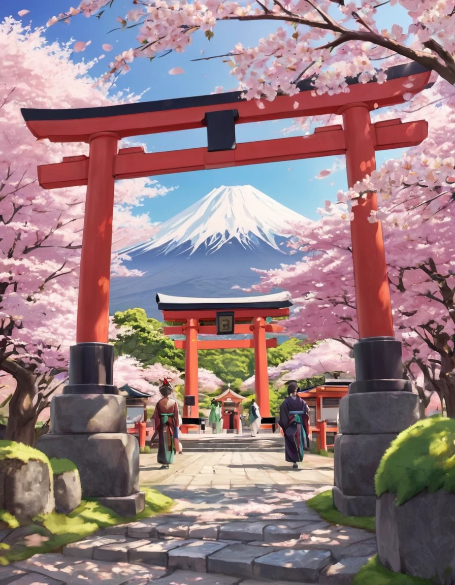 Traditional Japanese shrine entrance, (Sakura trees in full bloom:1.3), Mt. Fuji in the background, Three people in national costumes, (Scattering cherry blossoms:1.2), Stone lantern, Bright red torii gate, (Serene atmosphere:1.1), Soft Shadows, Calm skies, Detailed architecture, Gentle spring scenery, Lush greenery, Cultural Landscape.