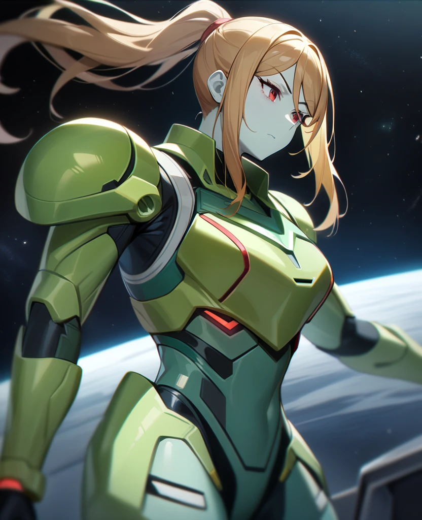 1girl,Samus aran,solo,red eyes,((brown hair)),green power armor,ponytail,((pale green skin)),green chest armor,cowboy shot,in space ship,zero gravity,Science fiction,ultra-detailed,sharp focus,aesthetic,(best quality)