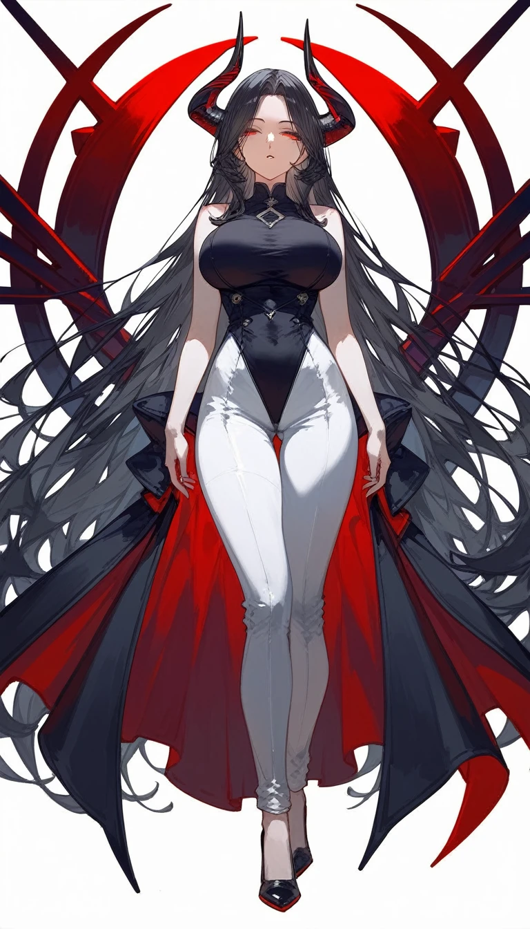 masterpiece, Score_9, Score_8_up, Score_7_up, front view, 1 woman, alone, black hair with red, long hair, parted bangs, dark red eyes, half-closed eyes, parted lips, expressionless, pale skin, large breasts, body suit, black bottom, best quality, horns up, long open bangs, black sleeveless shirt, black V-neck, red baggy pants, high heels.