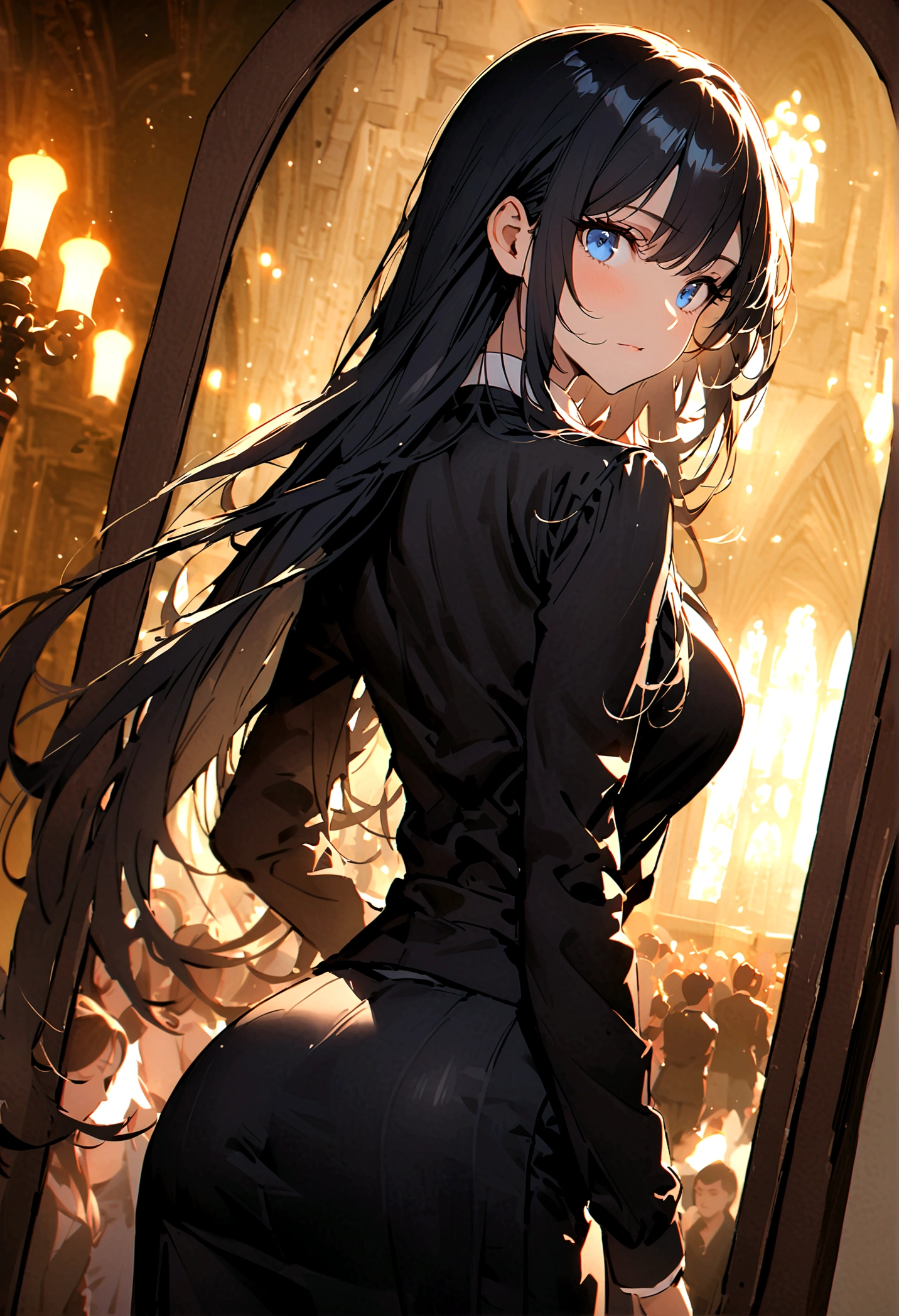 (best quality)(1 female,single,Long hair,Bright hair,blue eyes,Sexy body ,Black suit shirt,Black skirt,Turn your head and look at the audience,ยืนอยู่ในchurch,Beautiful Lights.(church, Look in the mirror, Detailed background (Low light pollution)) Looking Back