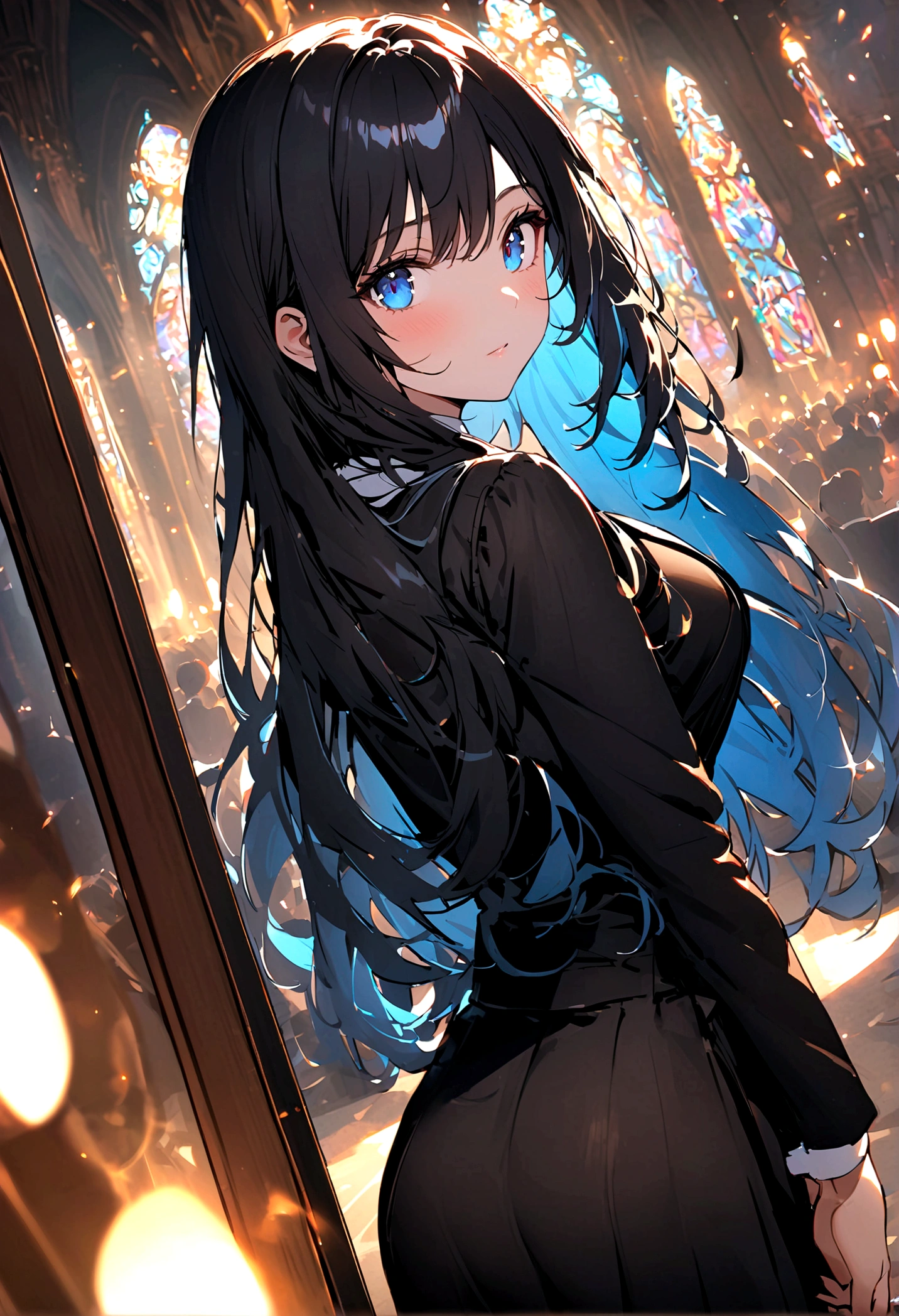 (best quality)(1 female,single,Long hair,Bright hair,blue eyes,Sexy body ,Black suit shirt,Black skirt,Turn your head and look at the audience,ยืนอยู่ในchurch,Beautiful Lights.(church, Look in the mirror, Detailed background (Low light pollution)) Looking Back