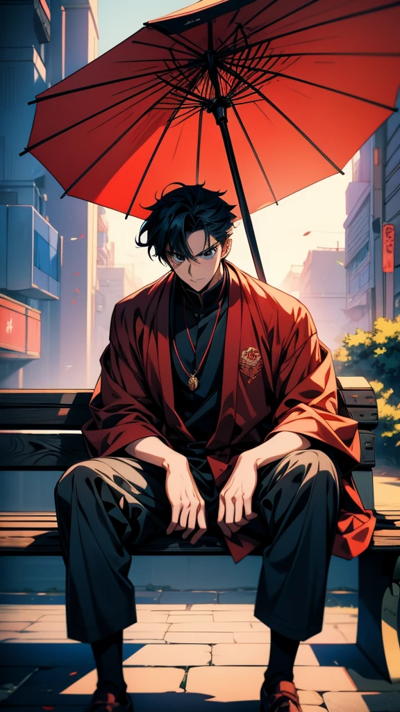 Anime Style, Inspired by Hiro Yamagata, Okikata Kazuto, Handsome anime pose, Tall anime guy with blue eyes, Anime Style. 8k, High quality anime art style, epic Anime Stylemischievous Anime Shōnen sitting on a bench with a red umbrella, Amazing anime 8k, Anime Shōnen, Anime Style 4 k, trigger anime art style, Young Anime Guy, male