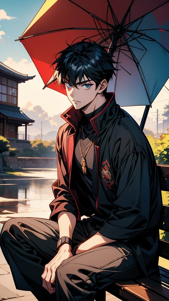 Anime Style, Inspired by Hiro Yamagata, Okikata Kazuto, Handsome anime pose, Tall anime guy with blue eyes, Anime Style. 8k, High quality anime art style, epic Anime Stylemischievous Anime Shōnen sitting on a bench with a red umbrella, Amazing anime 8k, Anime Shōnen, Anime Style 4 k, trigger anime art style, Young Anime Guy, male