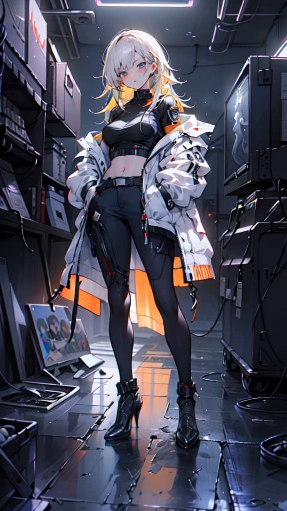 1 girl, long Yellow hair , cyberpunk, blue eyes, high heels, hand in pocket, best quality, 4k, 8k, highres, masterpiece:1.2, ultra-detailed, realistic, photorealistic, photo-realistic:1.37, HDR, UHD, studio lighting, ultra-fine painting, sharp focus, physically-based rendering, extreme detail description, professional, vivid colors, bokeh, cyberpunk, science fiction, neon lights, dark atmosphere, dramatic lighting