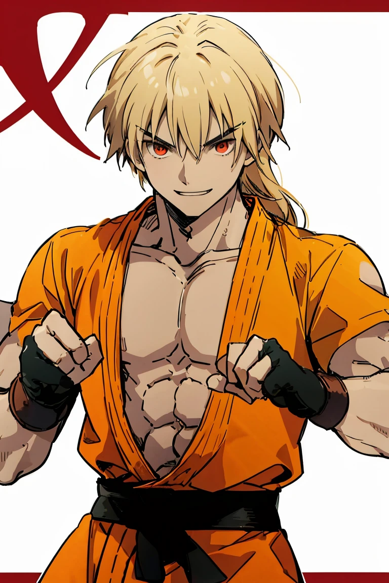 kenalpha, 1boy, male focus, orange hair, long hair, muscular, gloves, fingerless gloves, pectorals, martial arts belt, kimono, red eyes, evil smile, villain smile, dark-skinned skin, red aura around the body
