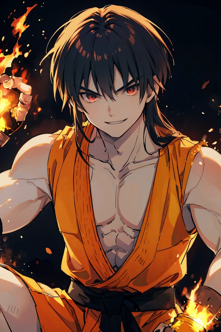 kenalpha, 1boy, male focus, orange hair, long hair, muscular, gloves, fingerless gloves, pectorals, martial arts belt, kimono, red eyes, evil smile, villain smile, dark-skinned skin, red aura around the body
