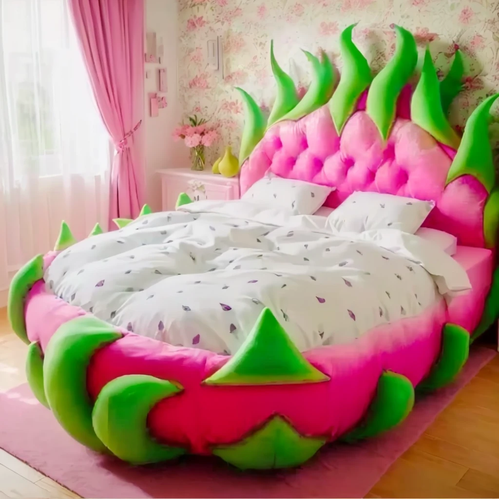 a close up of a cama with a dragon fruit design on it, in a camaroom!!!!!!!!!!!!!!!!!!!!, funky furniture, girly camaroom, cama is not made, imaginativo!!, adorable design, projeto surreal, material is!!! melancia!!!, ❤🔥🍄🌪, large comfy cama, in the camaroom at a sleepover, imaginativo!!!, magnificent project, cama, obra-prima maravilhosa