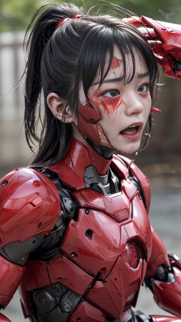 Rough skin, Very detailed, Advanced Details, high quality, 最high quality, High resolution, 1080p 、Bleeding from the wound、Red Armor、Wearing red and black、cute((Serious damage to the whole body))(Wearing a damaged female robot suit...)(Red Armor)(Broken Armor)Black Hair、、Chiquita、Soaking wet、Open your mouth、Sweaty face、It hurts again、cute、knock down、Droolinging from the mouth、Female college student (Steam coming out of the face) ((Steam from the body)) Sit on a chair Touching the vagina Drooling look up suffering Filming locations Remove the helmet Ahegao