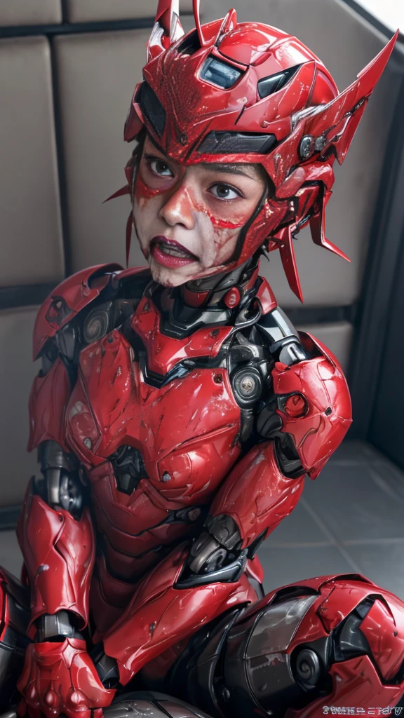 Rough skin, Very detailed, Advanced Details, high quality, 最high quality, High resolution, 1080p 、Bleeding from the wound、Red Armor、Wearing red and black、cute((Serious damage to the whole body))(Wearing a damaged female robot suit...)(Red Armor)(Broken Armor)Black Hair、、Chiquita、Soaking wet、Open your mouth、Sweaty face、It hurts again、cute、knock down、Droolinging from the mouth、Female college student (Steam coming out of the face) ((Steam from the body)) Sit on a chair Touching the vagina Drooling look up suffering Filming locations Remove the helmet Ahegao