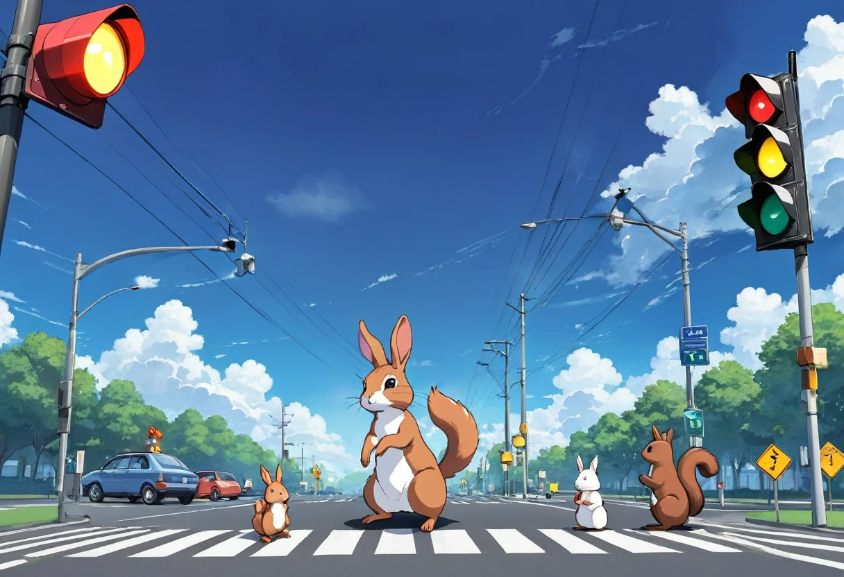 Fairyland、Traffic lights flashing blue against a blue sky in the forest、Traffic lights floating in the sky、Animal Traffic Lights、A large rabbit and a squirrel are waiting for the traffic light at a crosswalk、Large rabbit and squirrel in the center、The traffic light is flashing blue、White clouds on a clear sky、Face Highlights、Lo-fi art style, Nostalgic and melancholic artwork,