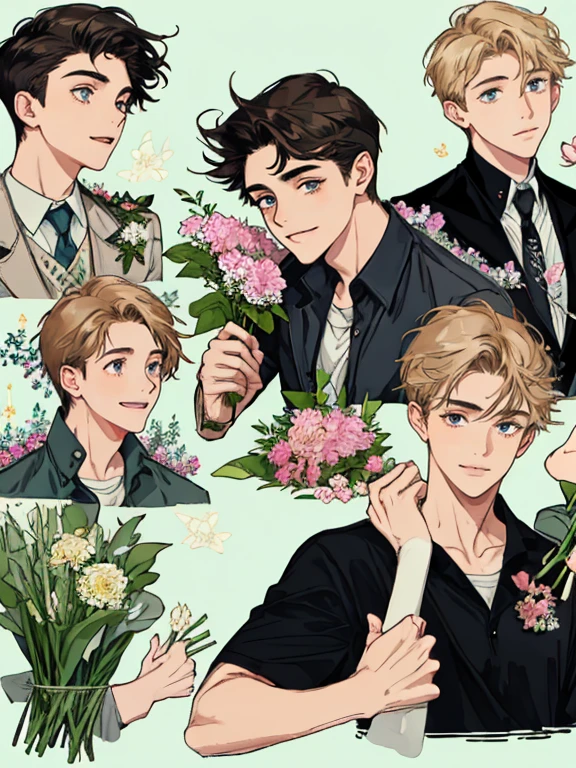 masterpiece, collage of age boy holding flowers, happy
