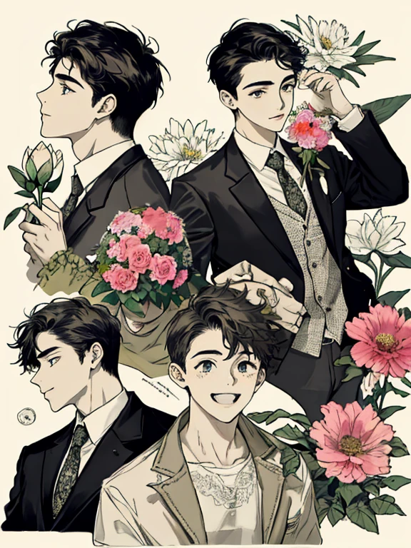 masterpiece, collage of teenage boy holding flowers, happy