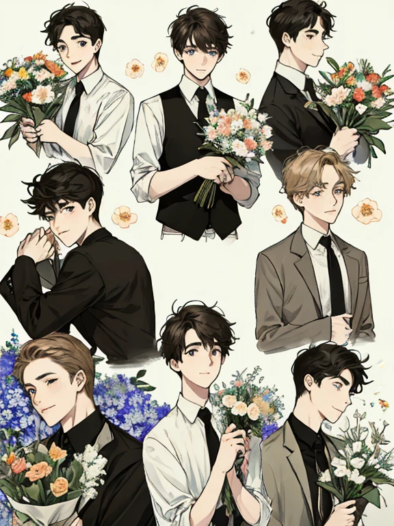 masterpiece, collage of teenage boy holding flowers, happy