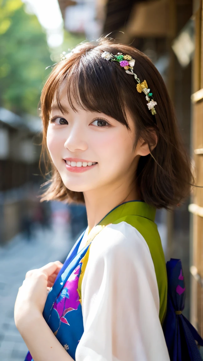 Highest quality、8k wallpaper、Reality:1.4、Photographed by a professional photographer、Photographed in natural light、View your viewers、background:Kyoto street corner、1 beautiful girl、Japanese Idol、23 years old、Beautifully detailed eyes、Detailed face、Beautiful Skin、Slender、Slim waist、Thin legs、Lip balm、Blonde: 1.8、Bobcut、Asymmetrical bangs、Hair decorated with elegant and delicate hairpins、Kimono with vibrant traditional patterns:1.2 、smile:1.5